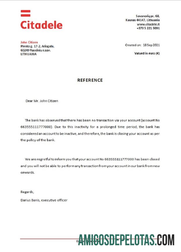 Referência de encerramento do Banco Citadele da Lituânia exemplo real